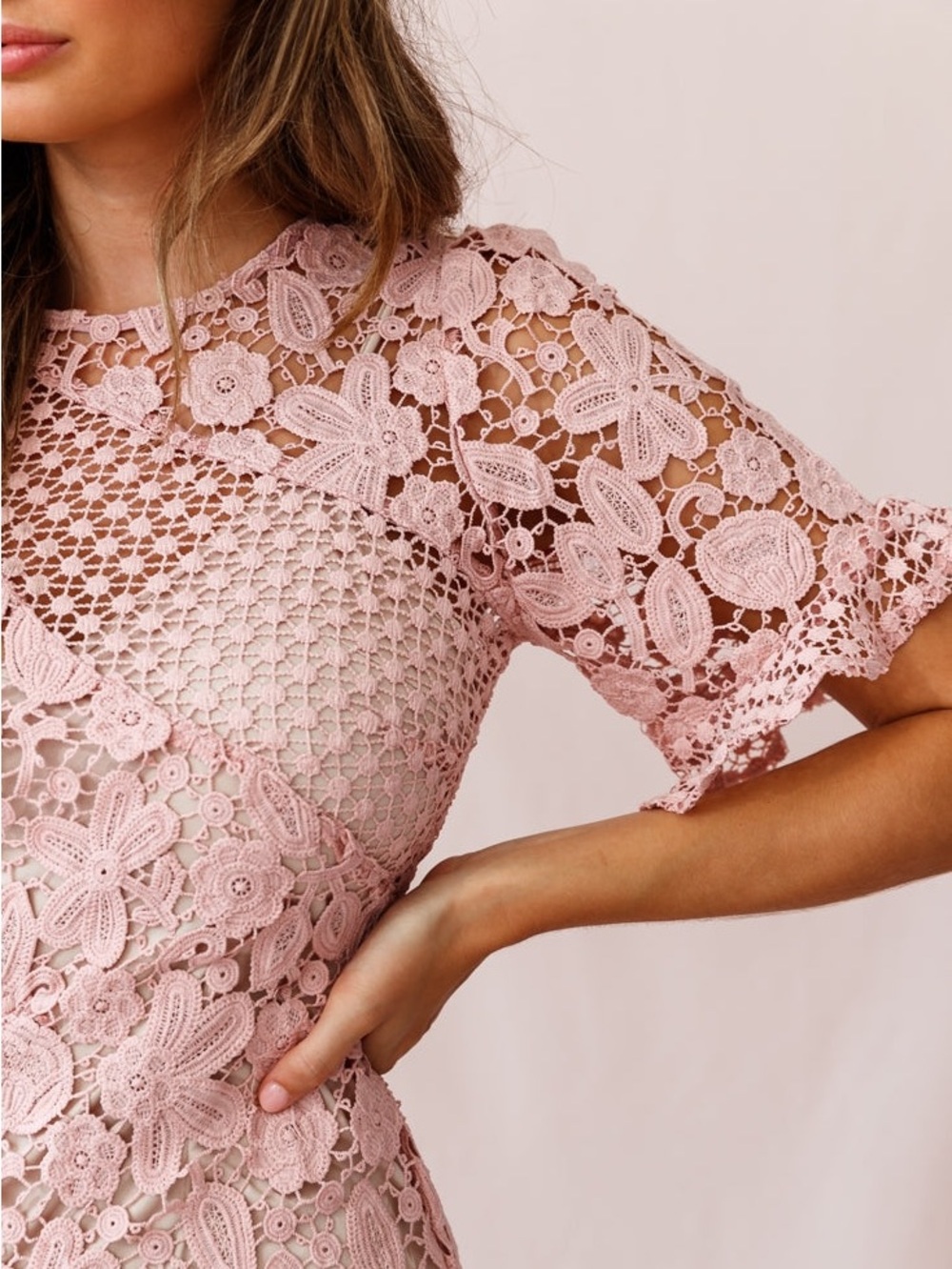 Pink Lace Ruffle-Hem Mini Dress - Picture 3 of 10
